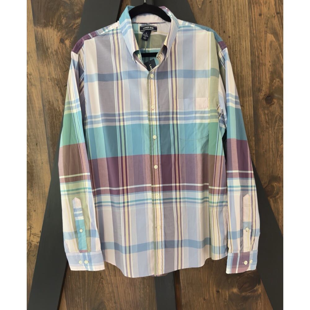 Lands' End Men’s L Button Down Shirt Traditional Fit 16-16 1/2 Purple & Blue
